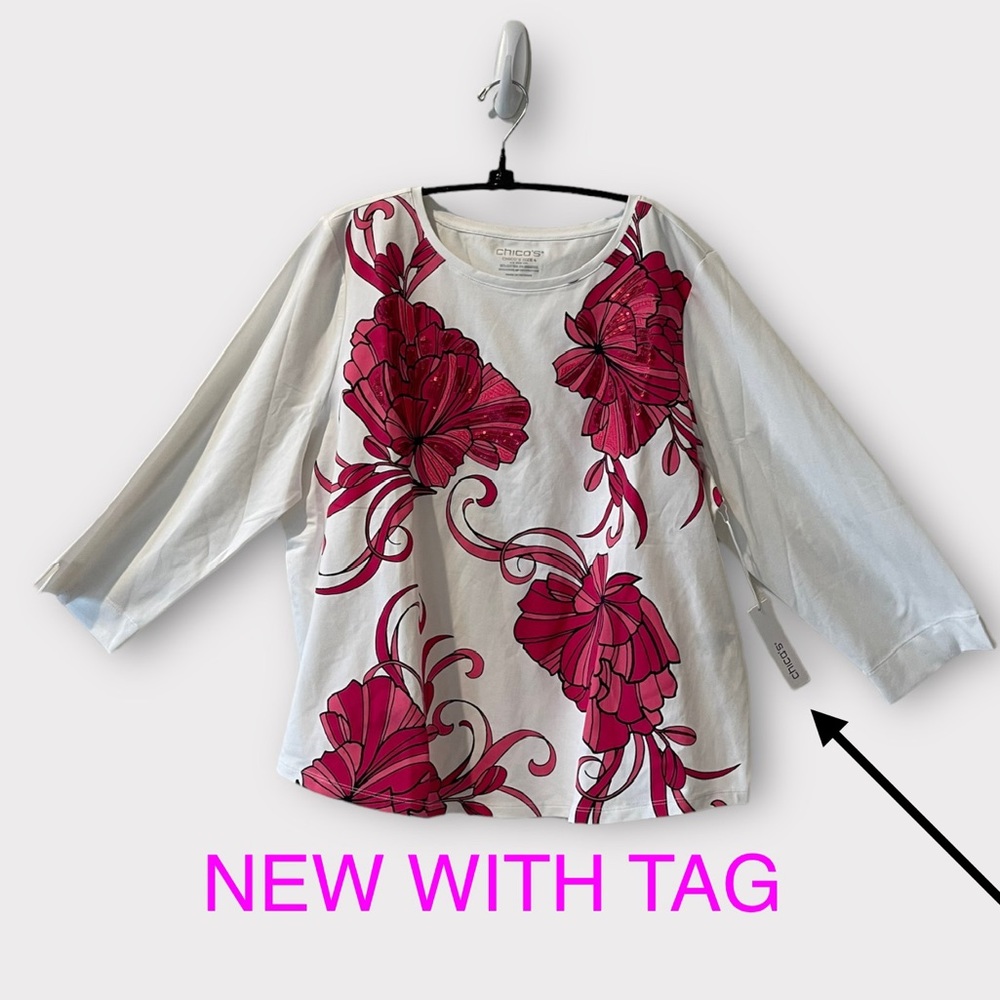 🆕 Chico’s 3/4 Sleeve Embellished Tee *NWT* $69.50 ~~ Chico’s size 4 = XXL